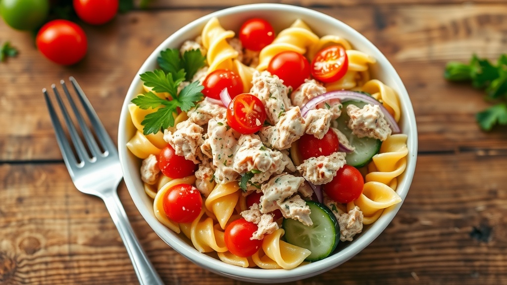 Refreshing Tuna Pasta Salad Recipe A vibrant Tuna Pasta Salad with pasta, tuna, cherry tomatoes, cucumber, and red onion in a bowl, garnished with parsley on a wooden table.